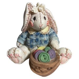 VTG 90s Enesco by Mary Rhyner Bunny Basket Buttons Figurine Easter Quilted Resin